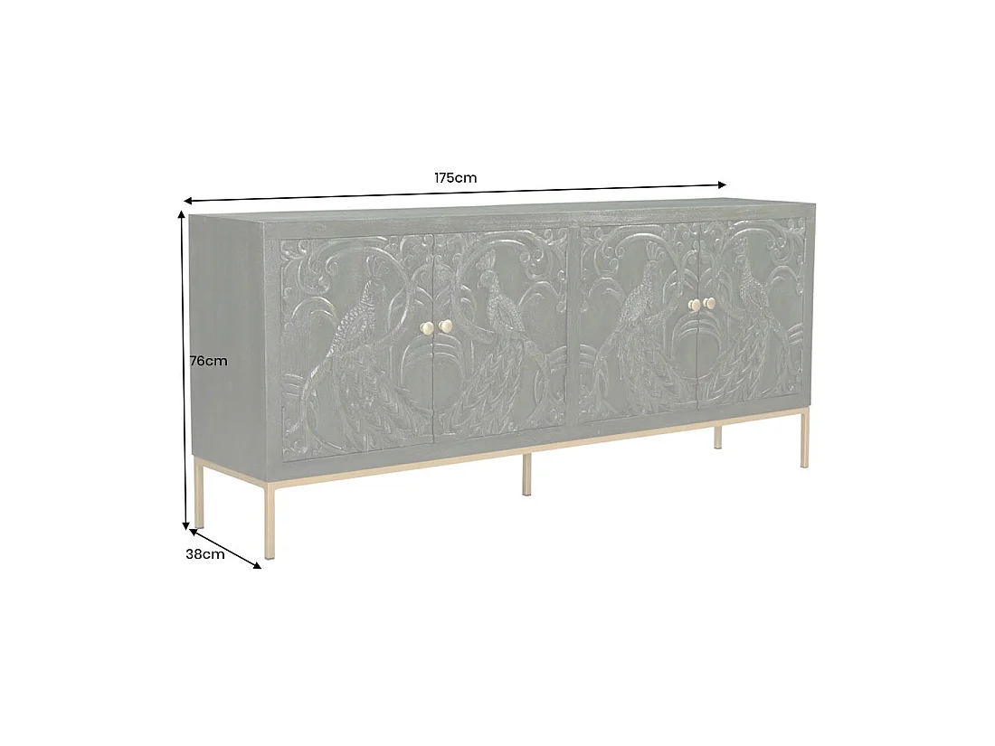 Buffet 175 cm 4 portes bois massif vert et doré – Collection TANJORE