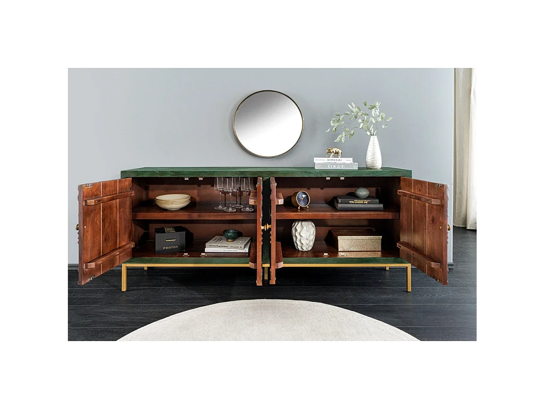 Buffet 175 cm 4 portes bois massif vert et doré – Collection TANJORE