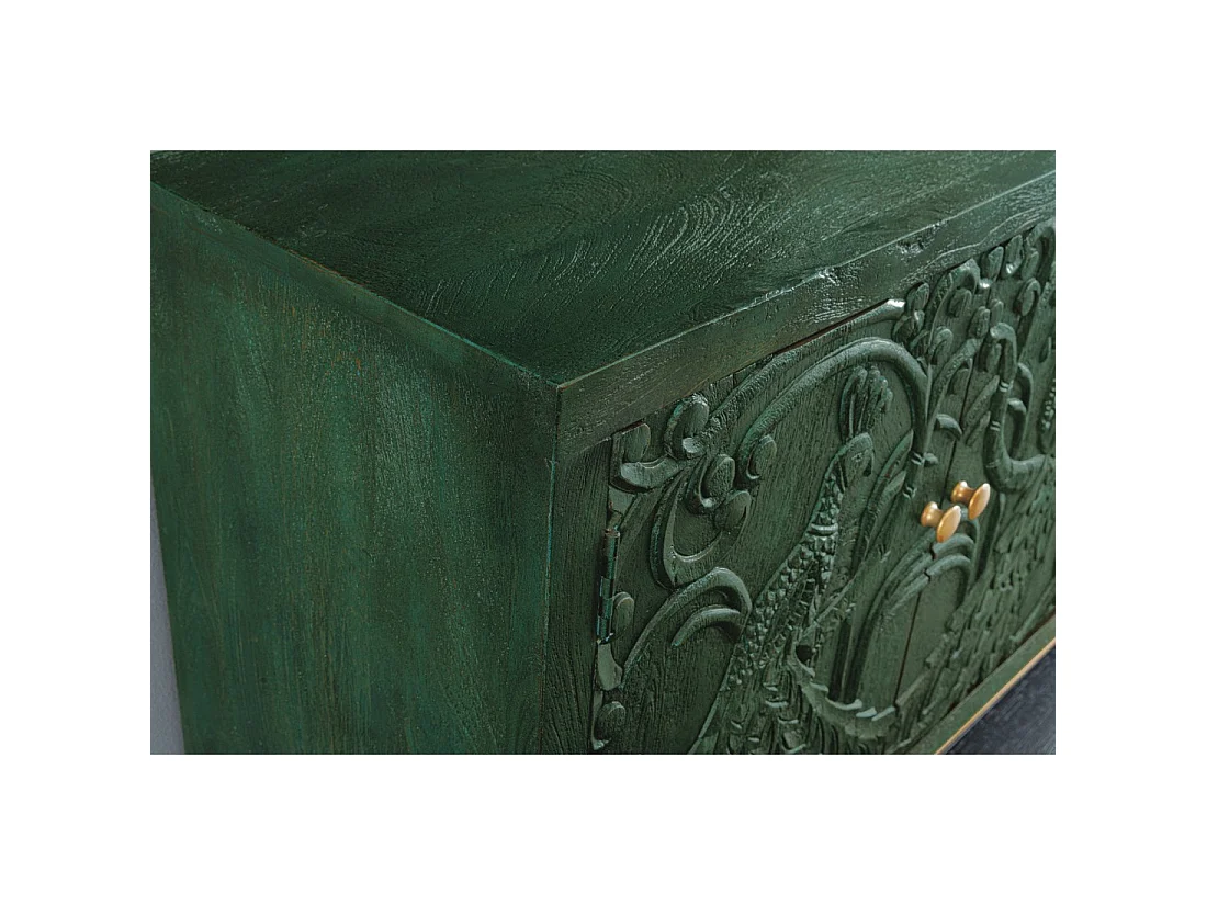 Buffet 175 cm 4 portes bois massif vert et doré – Collection TANJORE