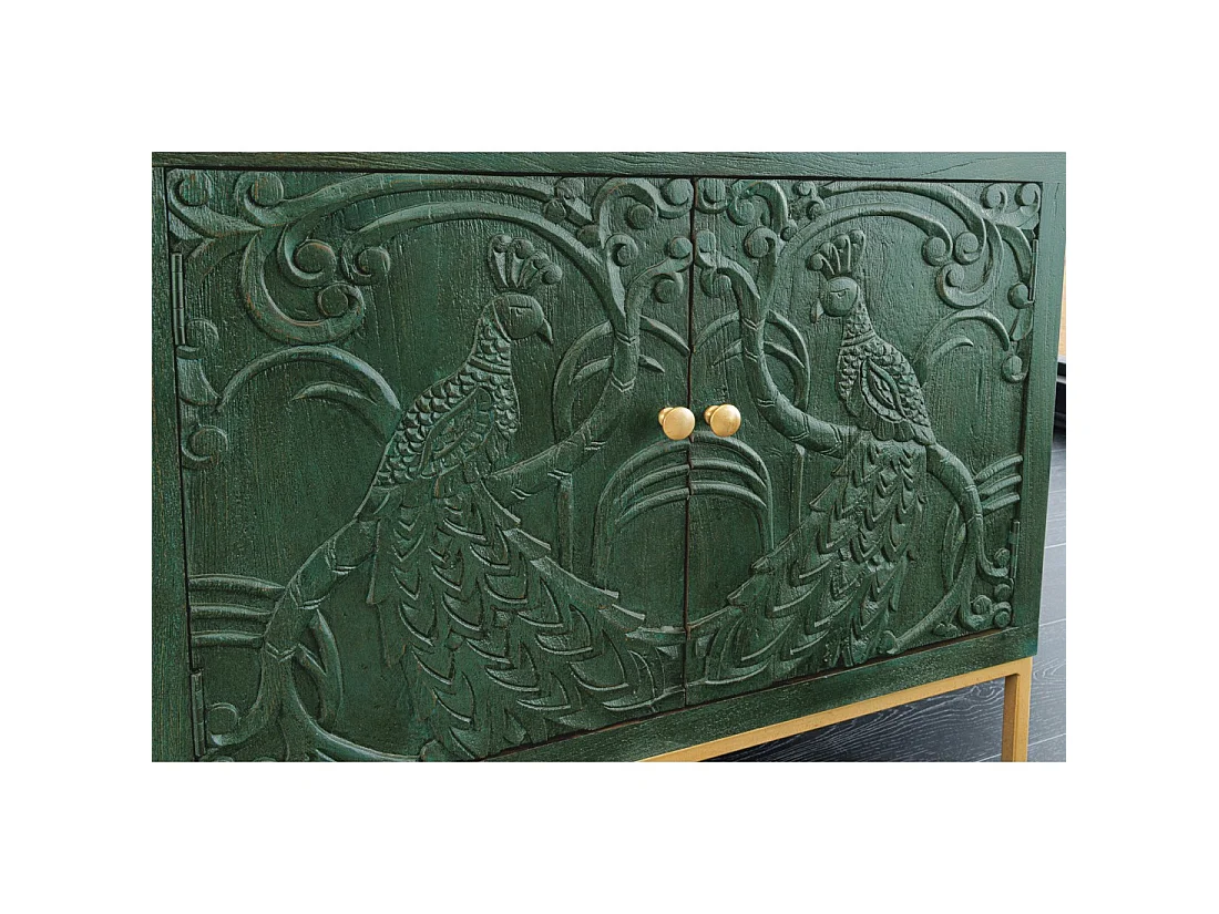 Buffet 175 cm 4 portes bois massif vert et doré – Collection TANJORE