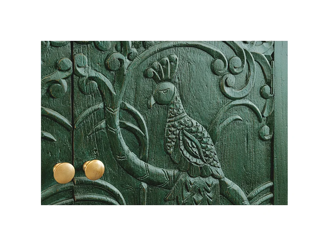 Buffet 175 cm 4 portes bois massif vert et doré – Collection TANJORE