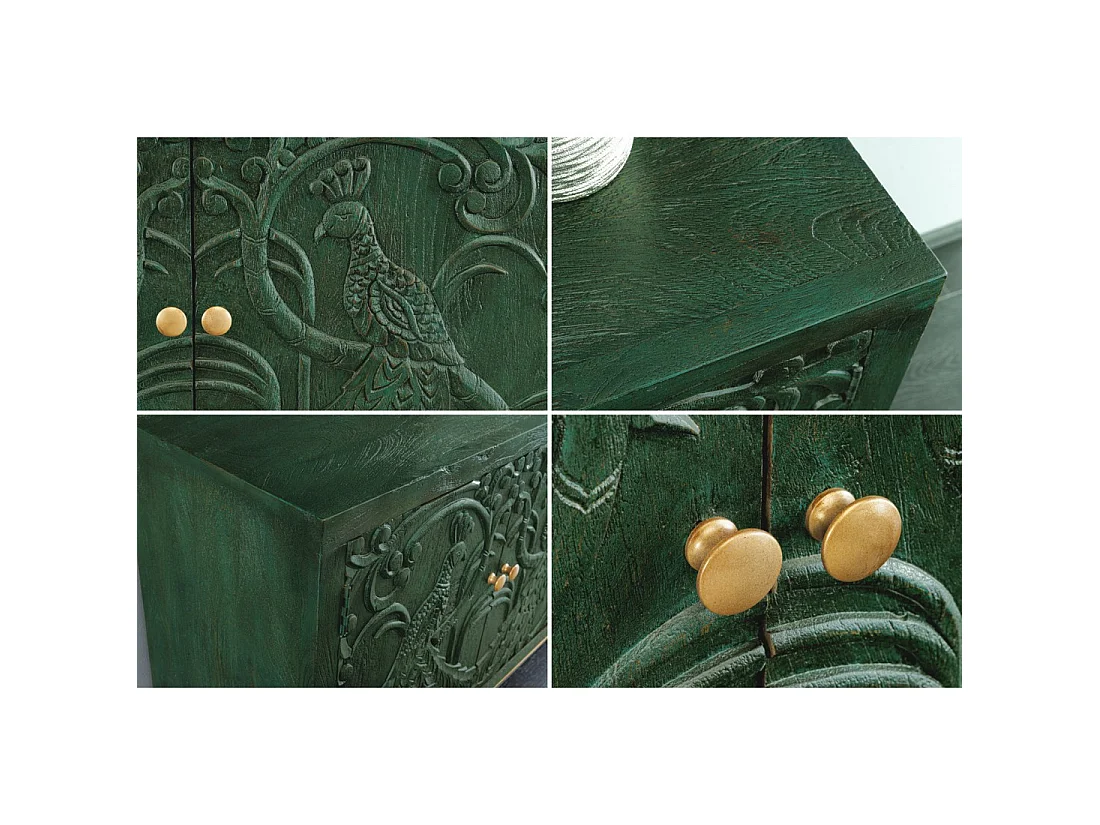 Buffet 175 cm 4 portes bois massif vert et doré – Collection TANJORE