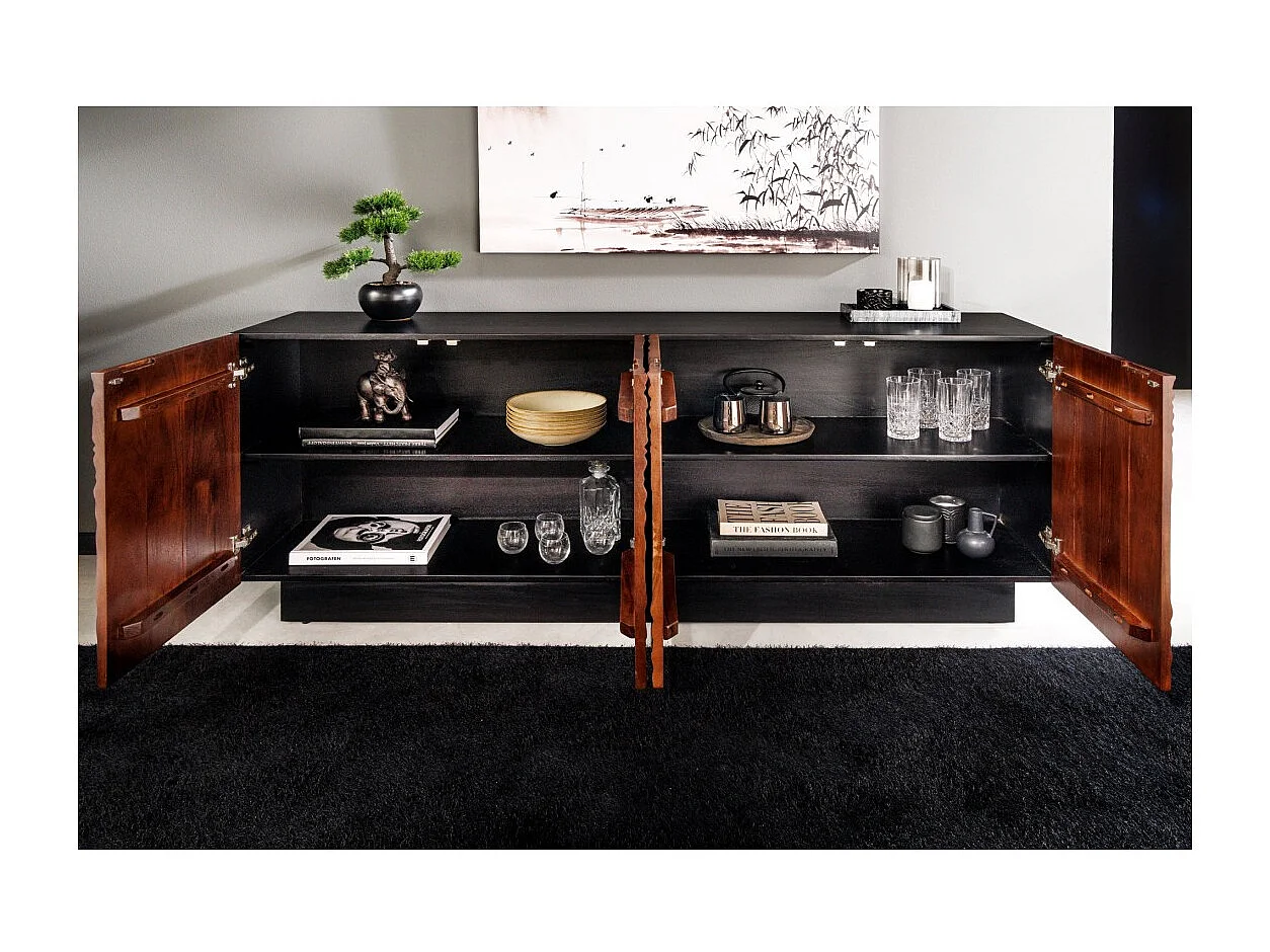 Buffet 175 cm 4 portes bois massif acacia noir et noyer foncé – Collection GAÏA