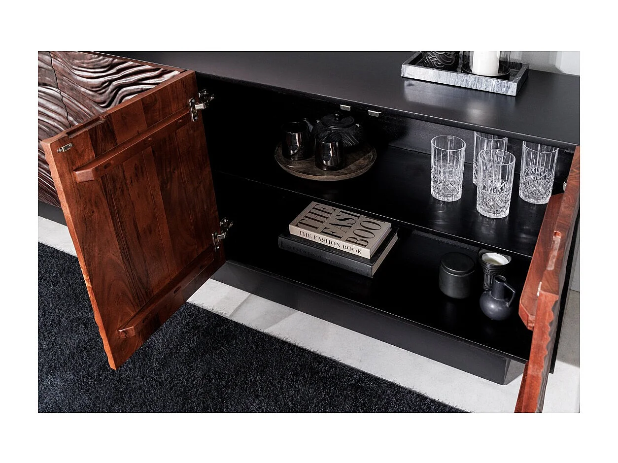 Buffet 175 cm 4 portes bois massif acacia noir et noyer foncé – Collection GAÏA