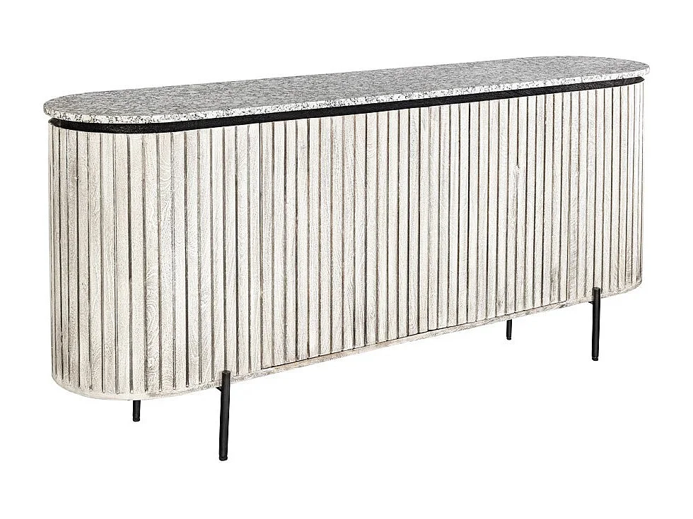 Buffet 170 cm 2 deuren massief hout met ribben, grijs steen en zwart – Collectie NOARA