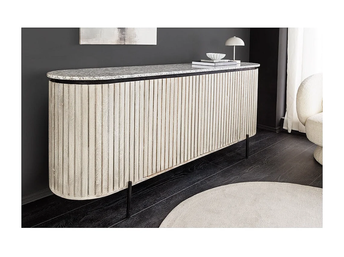 Buffet 170 cm 2 deuren massief hout met ribben, grijs steen en zwart – Collectie NOARA