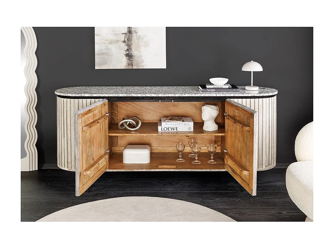 Buffet 170 cm 2 deuren massief hout met ribben, grijs steen en zwart – Collectie NOARA