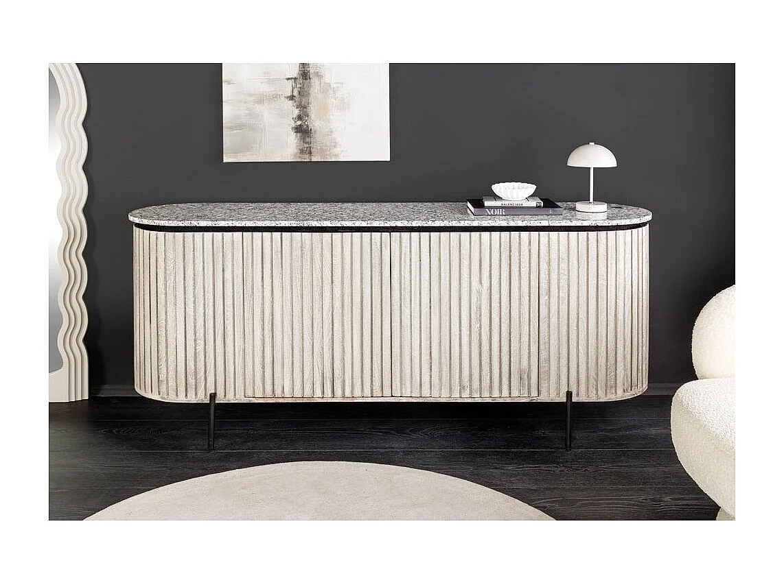 Buffet 170 cm 2 deuren massief hout met ribben, grijs steen en zwart – Collectie NOARA