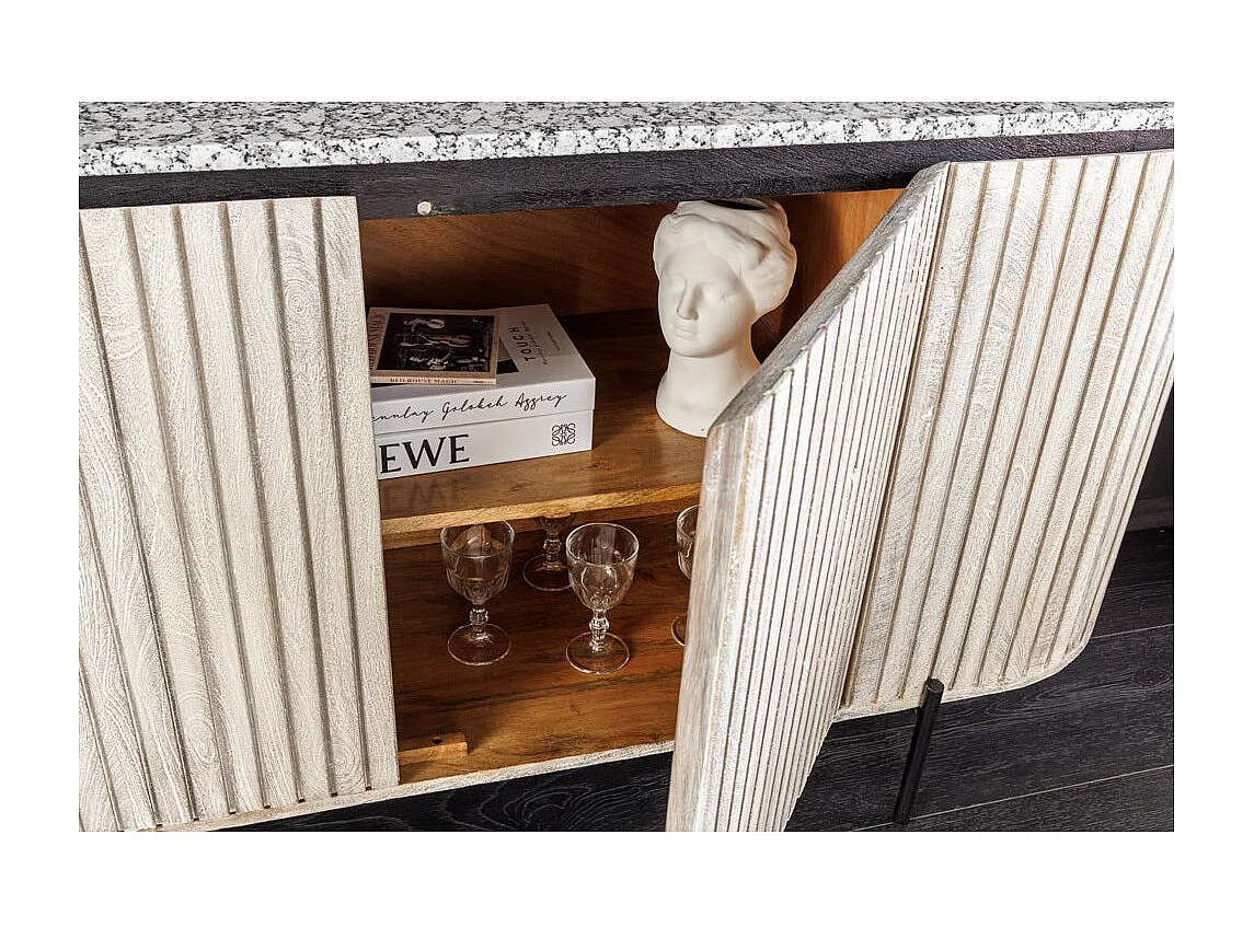 Buffet 170 cm 2 deuren massief hout met ribben, grijs steen en zwart – Collectie NOARA