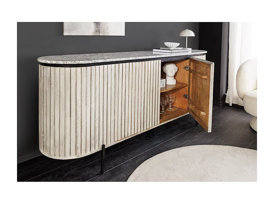 Buffet 170 cm 2 deuren massief hout met ribben, grijs steen en zwart – Collectie NOARA