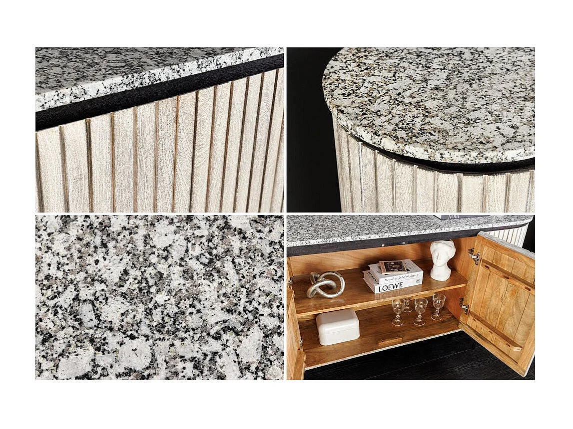 Buffet 170 cm 2 deuren massief hout met ribben, grijs steen en zwart – Collectie NOARA