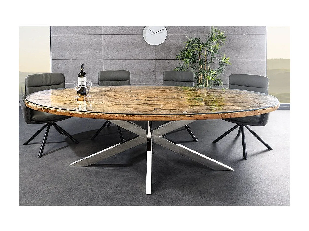 RAFTA 220 cm tafel – Blad van massief teakhout, gehard glas en verchroomd stalen frame