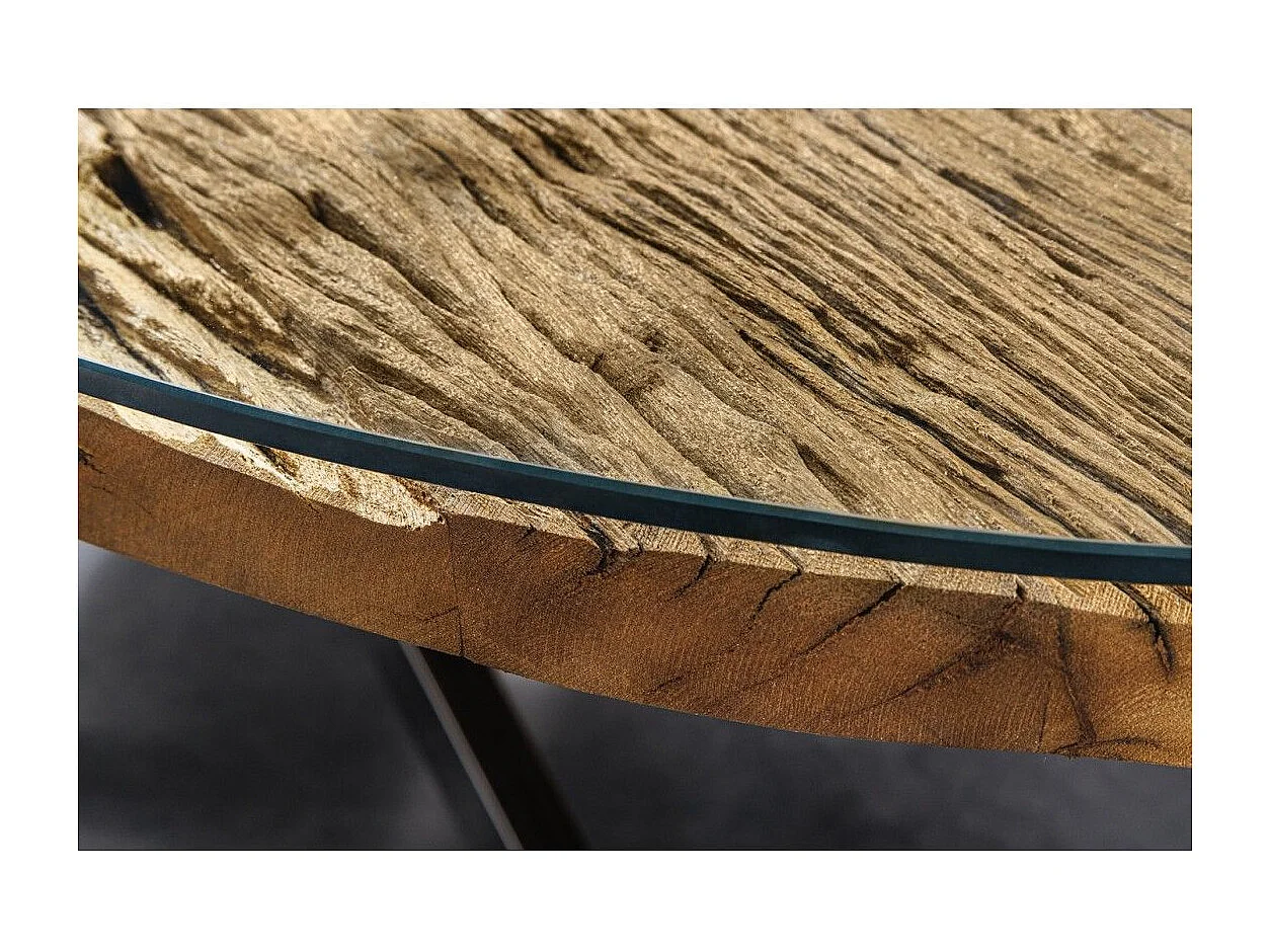 RAFTA 220 cm tafel – Blad van massief teakhout, gehard glas en verchroomd stalen frame