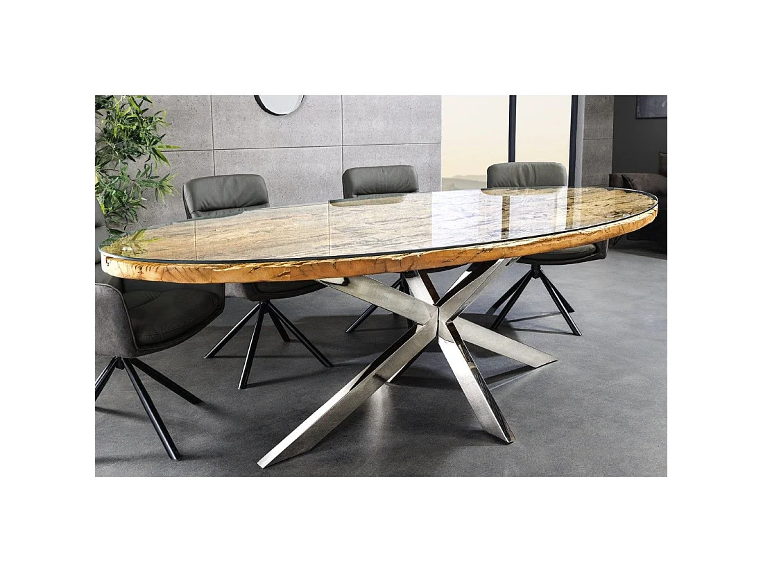 RAFTA 220 cm tafel – Blad van massief teakhout, gehard glas en verchroomd stalen frame
