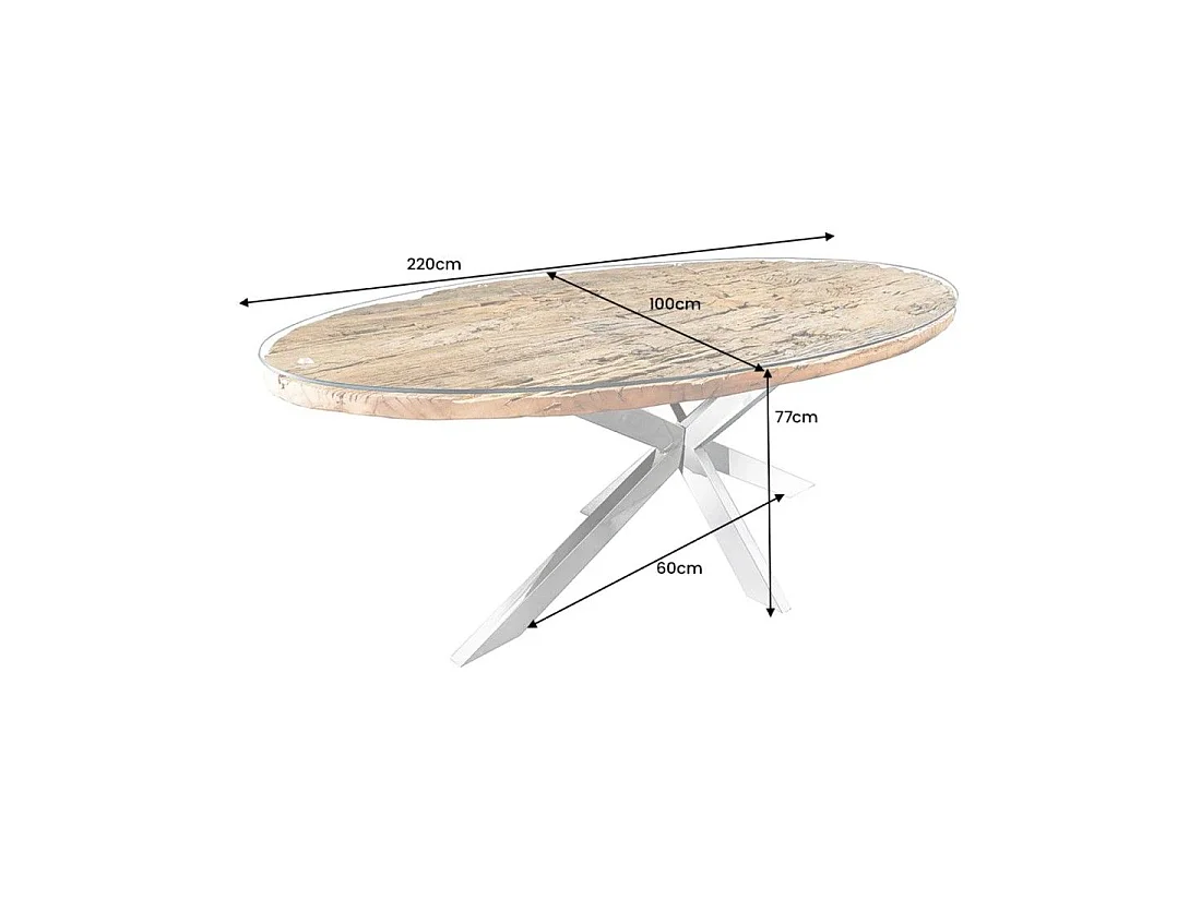 RAFTA 220 cm tafel – Blad van massief teakhout, gehard glas en verchroomd stalen frame