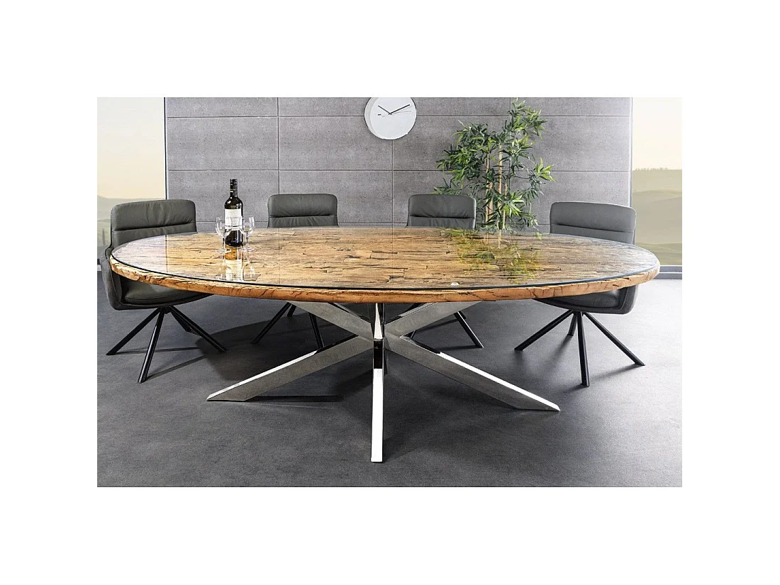 RAFTA 220 cm tafel – Blad van massief teakhout, gehard glas en verchroomd stalen frame