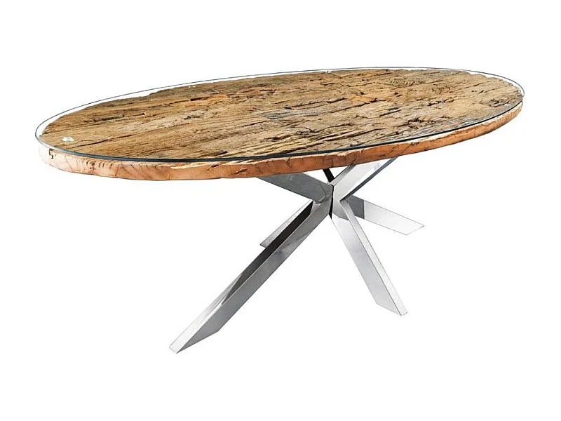 RAFTA 220 cm tafel – Blad van massief teakhout, gehard glas en verchroomd stalen frame