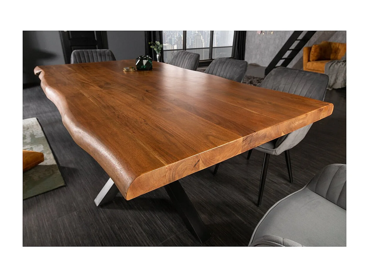 Table de salle à manger ARKAYA 180 cm – Plateau en bois massif d'acacia verni et structure en métal noir – Style industriel et n