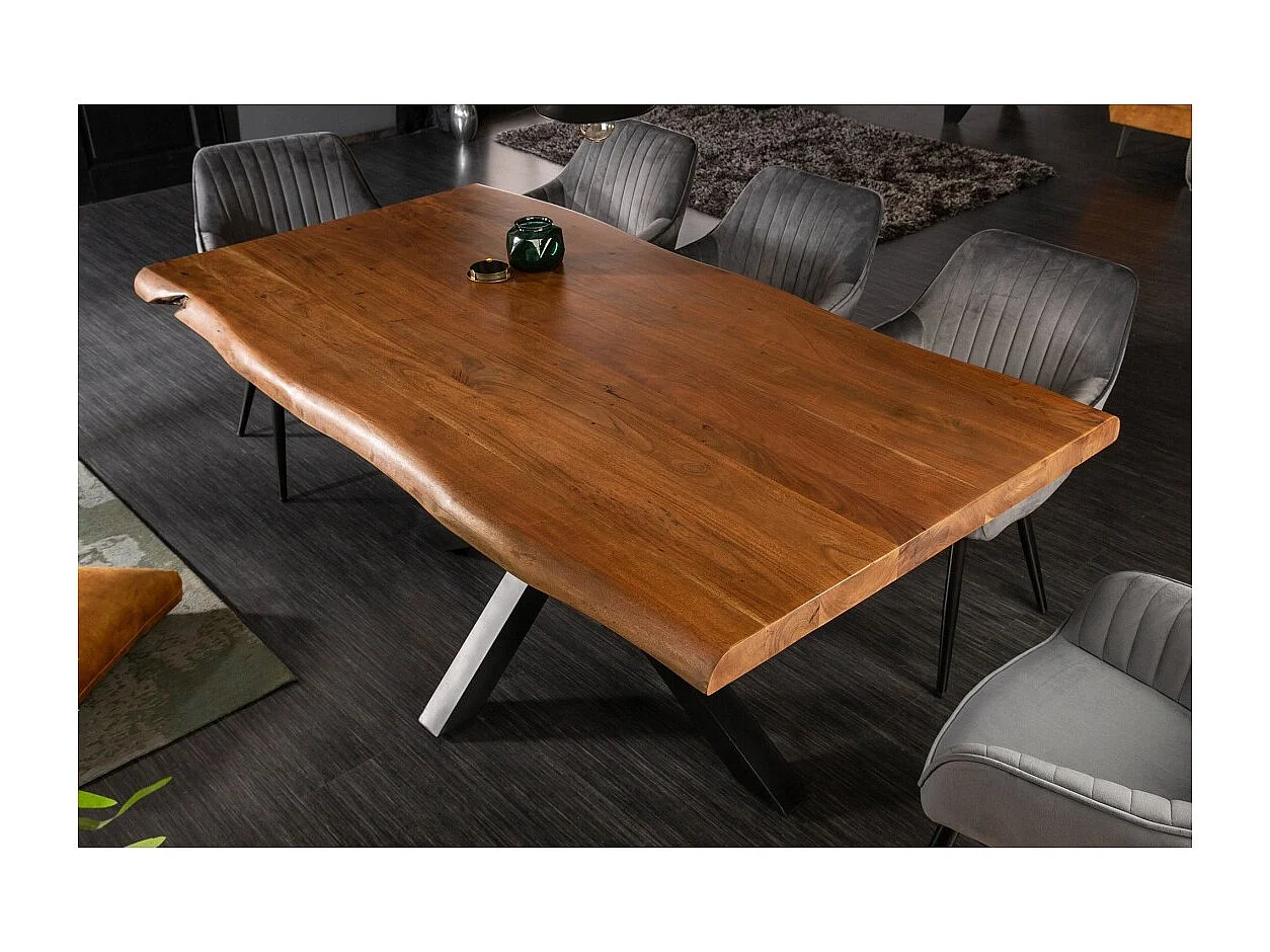 Table de salle à manger ARKAYA 180 cm – Plateau en bois massif d'acacia verni et structure en métal noir – Style industriel et n