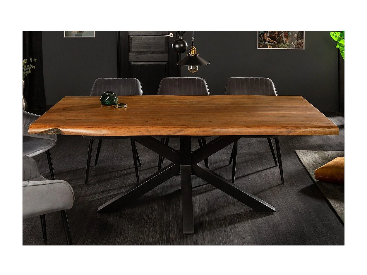 Table de salle à manger ARKAYA 180 cm – Plateau en bois massif d'acacia verni et structure en métal noir – Style industriel et n