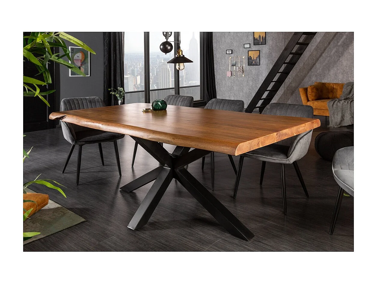Table de salle à manger ARKAYA 180 cm – Plateau en bois massif d'acacia verni et structure en métal noir – Style industriel et n