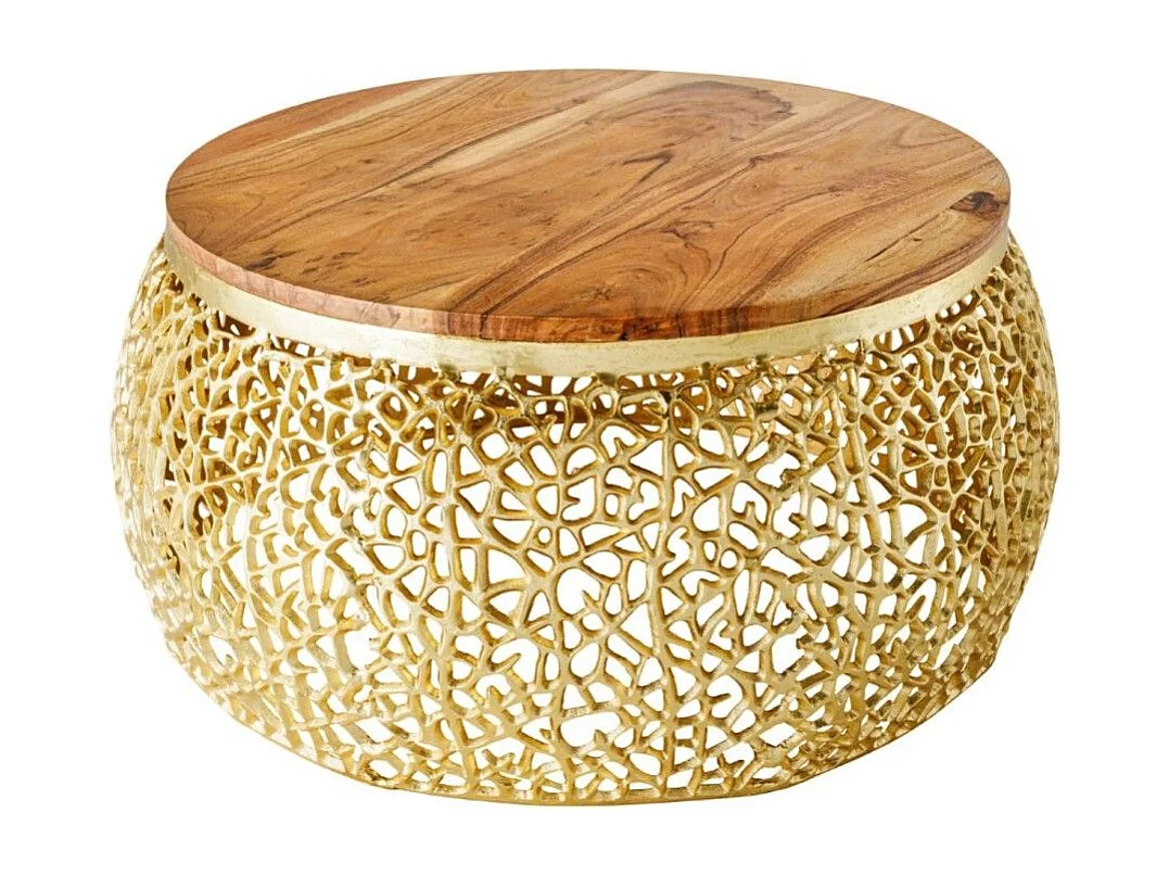 Salontafel METRIX rond 72 cm goud met acaciahouten blad - Design salontafel van aluminium en massief hout