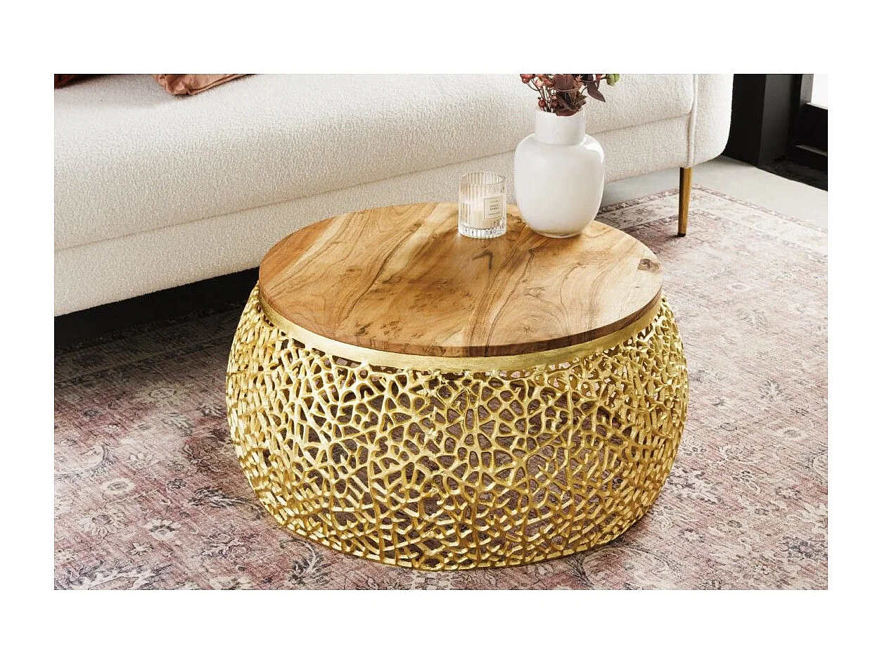 Salontafel METRIX rond 72 cm goud met acaciahouten blad - Design salontafel van aluminium en massief hout