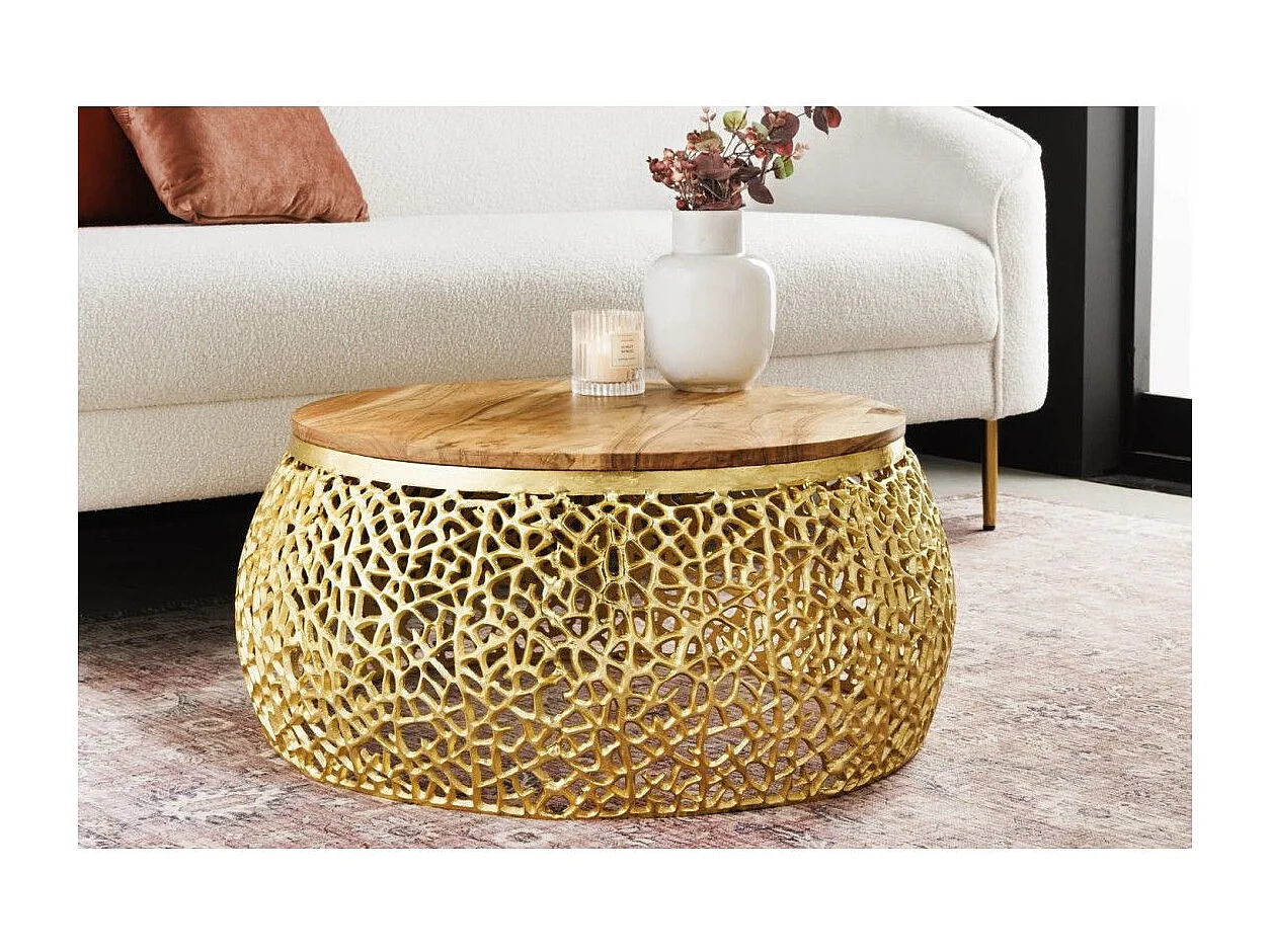 Salontafel METRIX rond 72 cm goud met acaciahouten blad - Design salontafel van aluminium en massief hout