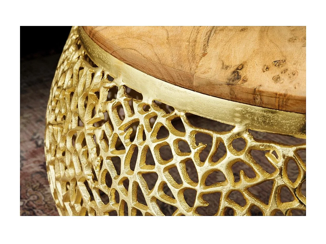 Salontafel METRIX rond 72 cm goud met acaciahouten blad - Design salontafel van aluminium en massief hout
