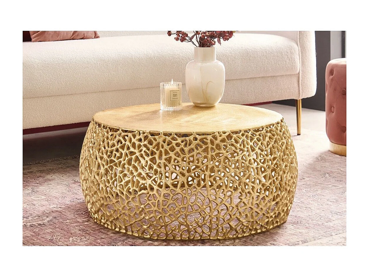 Ronde salontafel METRIX 73 cm goud met geometrisch patroon - Design salontafel van aluminium met houtlook bovenblad