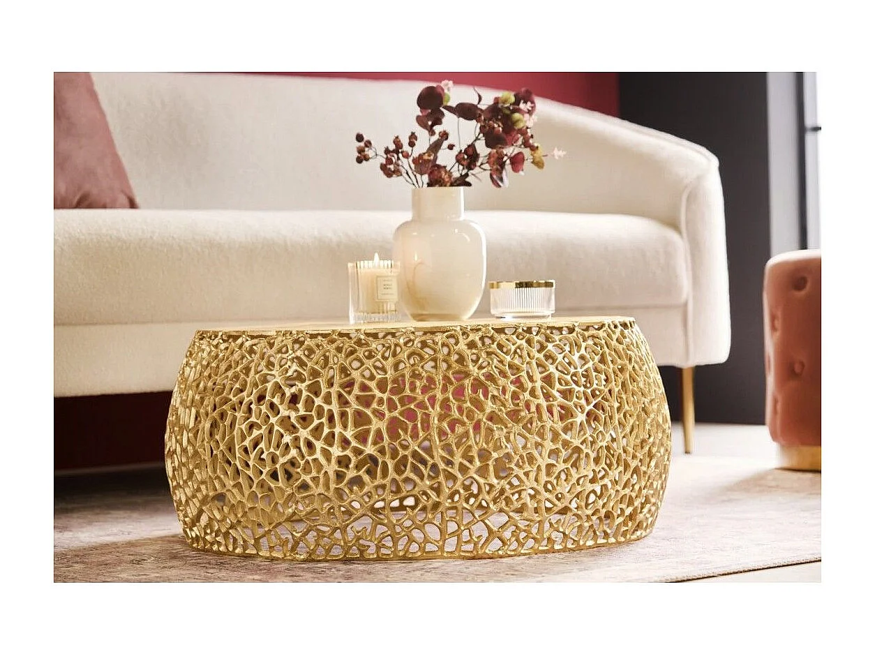 Ronde salontafel METRIX 73 cm goud met geometrisch patroon - Design salontafel van aluminium met houtlook bovenblad