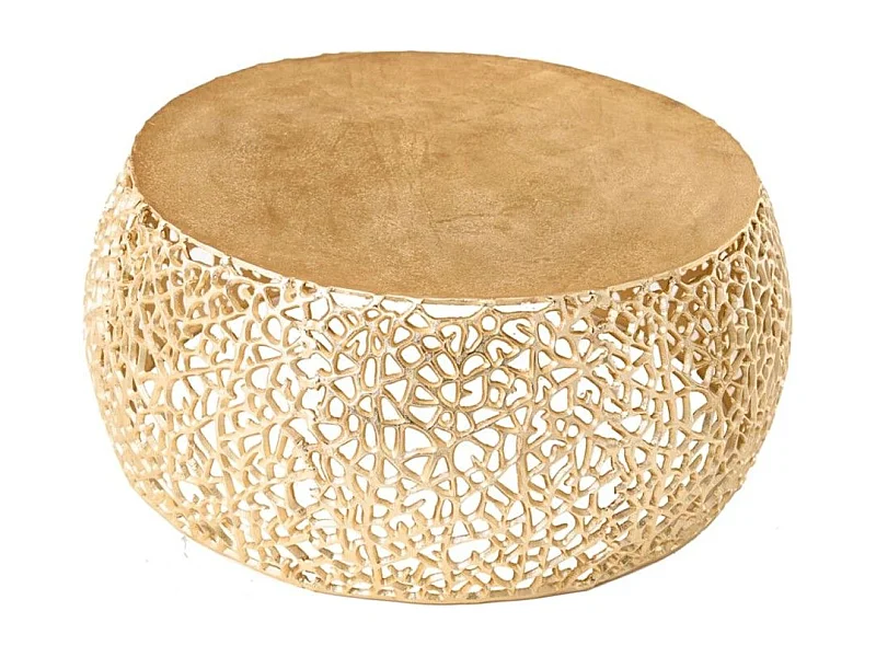 Ronde salontafel METRIX 73 cm goud met geometrisch patroon - Design salontafel van aluminium met houtlook bovenblad