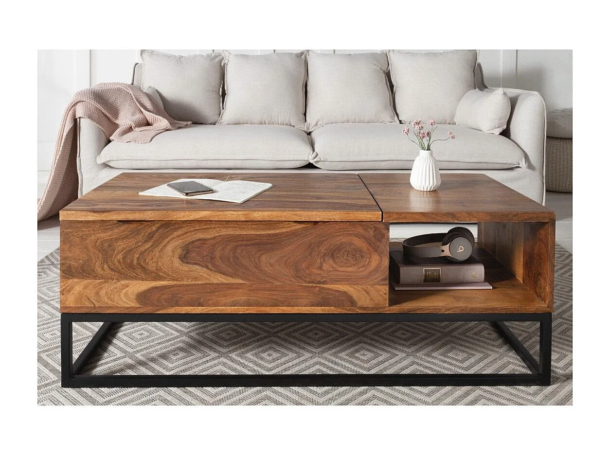 ORBO Couchtisch aus Massivholz 110 cm – mit Hubplatte und integrierten Stauräumen