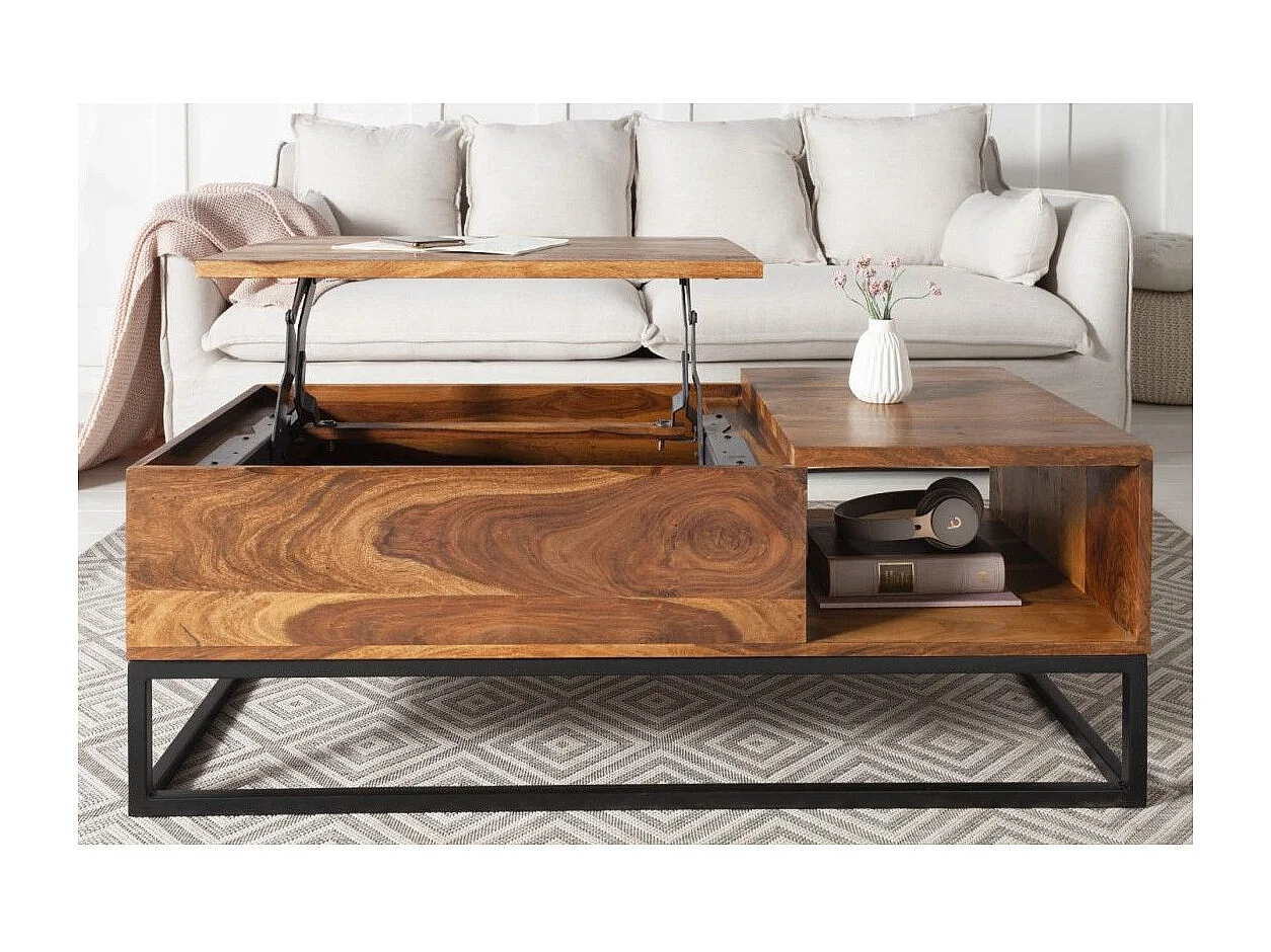 ORBO Couchtisch aus Massivholz 110 cm – mit Hubplatte und integrierten Stauräumen