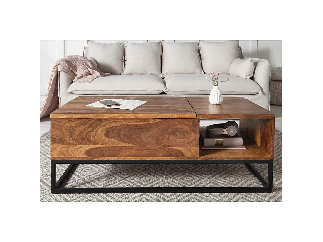 Salontafel ORBO van massief hout 110 cm - Verstelbaar blad en ingebouwde opbergruimte