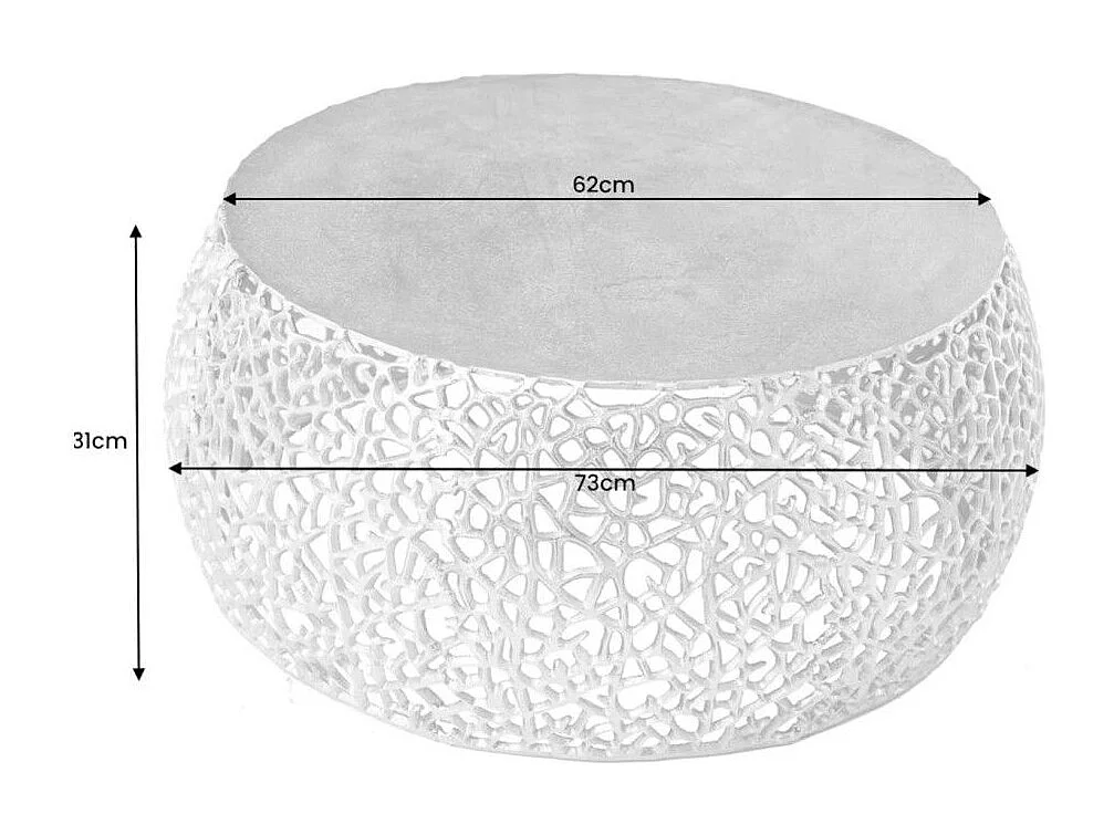 Salontafel METRIX rond 73 cm zilverkleurig met geometrisch patroon – Design salontafel van aluminium en mat wit blad