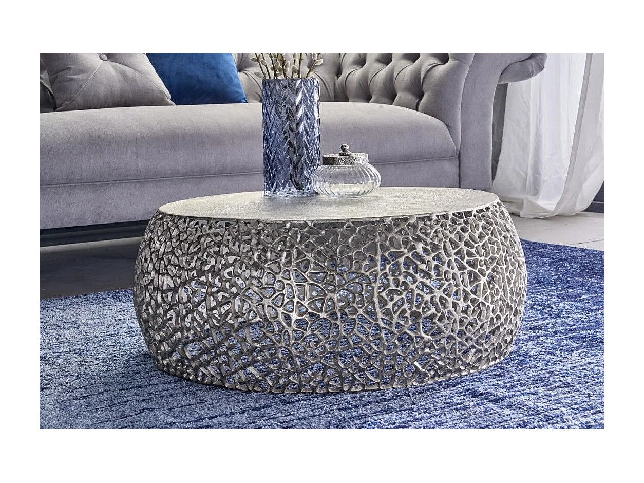 Salontafel METRIX rond 73 cm zilverkleurig met geometrisch patroon – Design salontafel van aluminium en mat wit blad