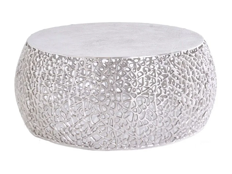 Salontafel METRIX rond 73 cm zilverkleurig met geometrisch patroon – Design salontafel van aluminium en mat wit blad