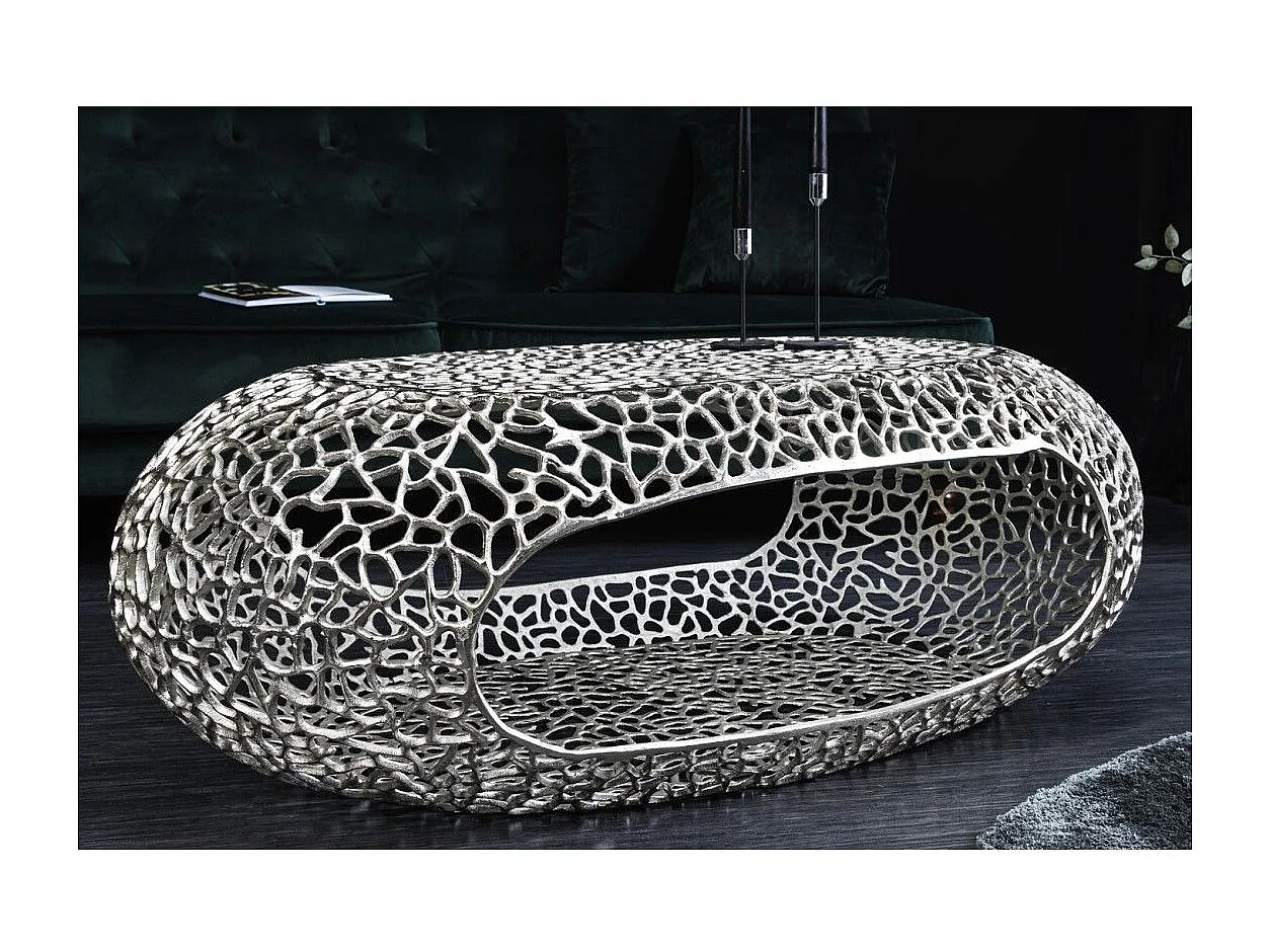 Ovale salontafel METRIX 119 cm in zilver met ingebouwde nis - Design salontafel van aluminium