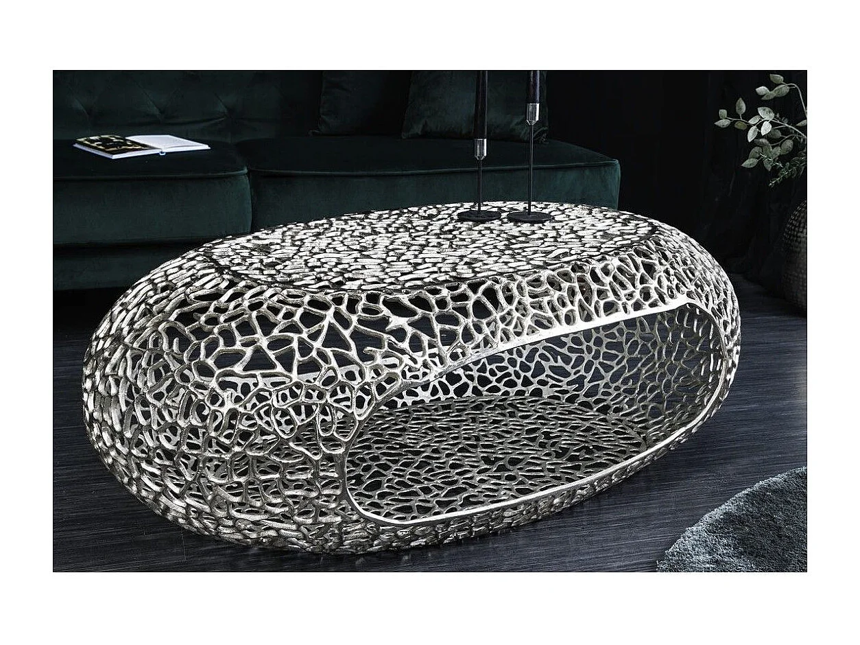 Ovale salontafel METRIX 119 cm in zilver met ingebouwde nis - Design salontafel van aluminium