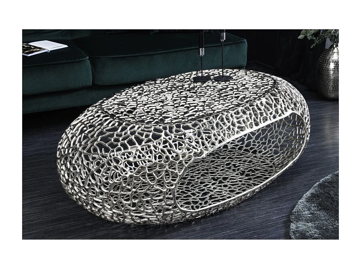 Ovale salontafel METRIX 119 cm in zilver met ingebouwde nis - Design salontafel van aluminium