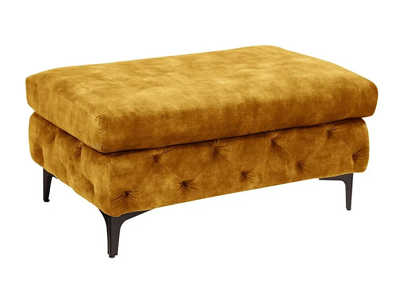 Pouf VELENA jaune moutarde – Pouf baroque en velours avec pieds métal noirs