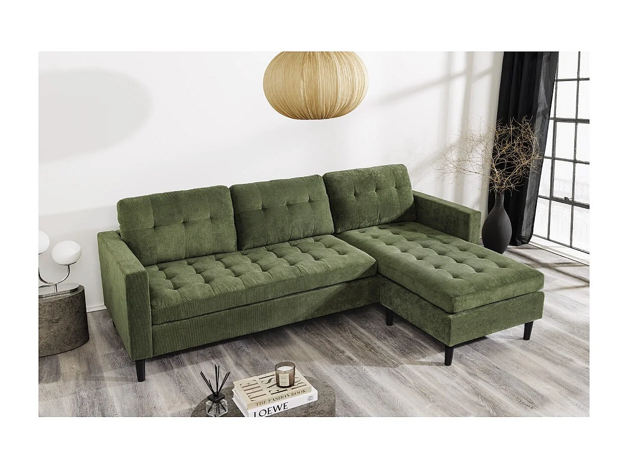 Ecksofa CITY in dunkelgrün umkehrbar – Zeitgenössisches Sofa aus Cord-Samt