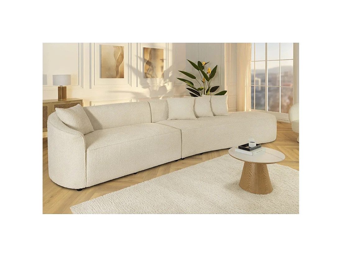 Sofá derecho SOREN beige 5 plazas – Sofá de diseño en tela rizada con forma redondeada