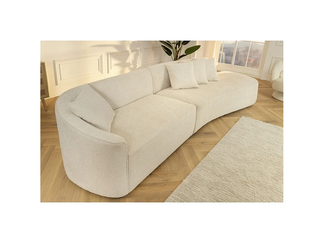 Sofá derecho SOREN beige 5 plazas – Sofá de diseño en tela rizada con forma redondeada
