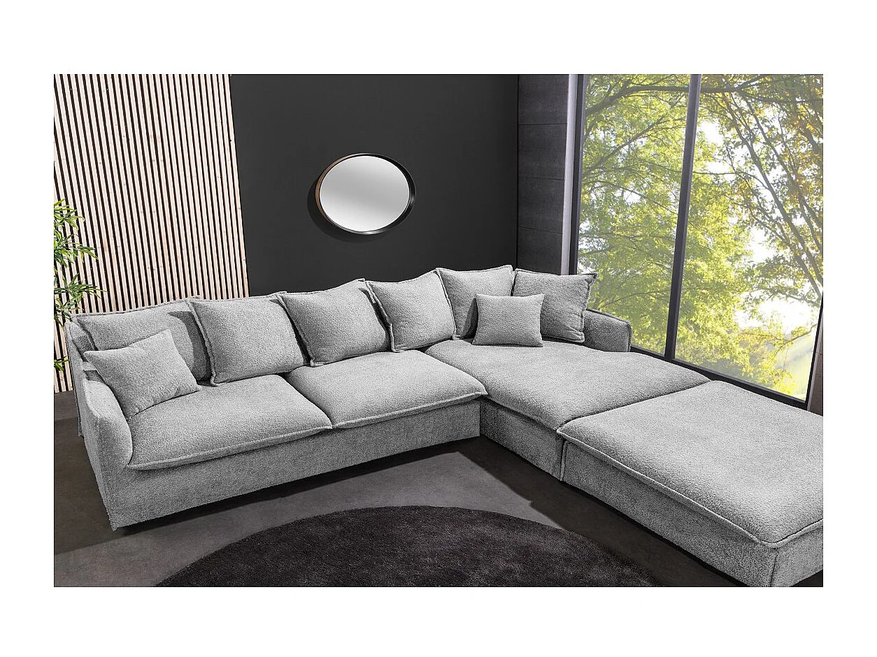 Canapé d'angle KALIA – Tissu bouclette gris – 4 places – Angle droit