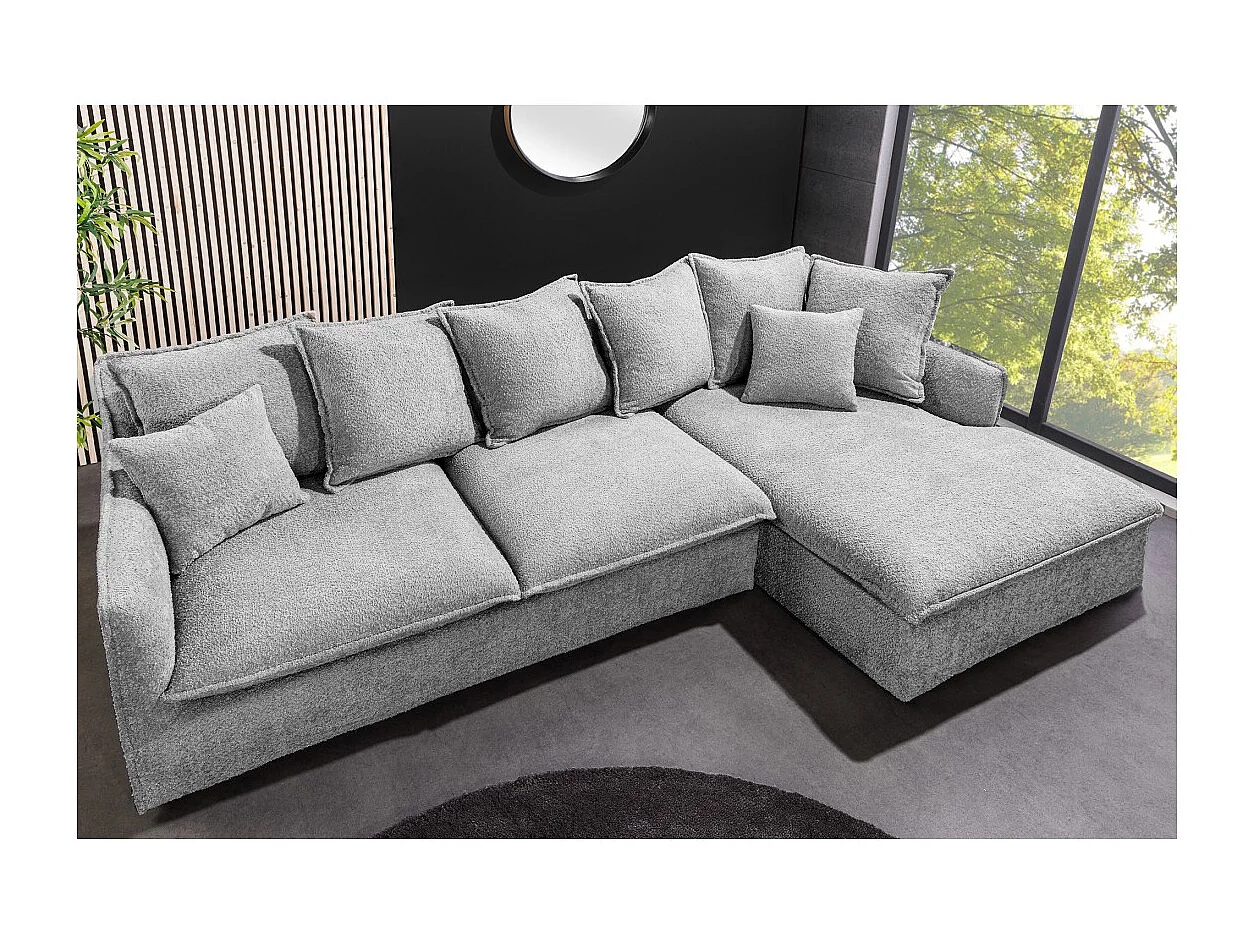 Canapé d'angle KALIA – Tissu bouclette gris – 4 places – Angle droit