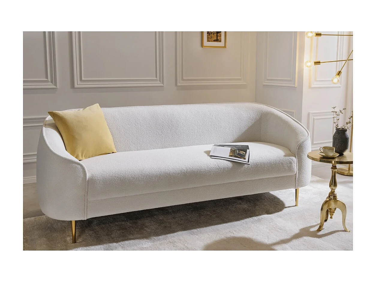 Gerades Sofa RINI weiß – Schickes Sofa in Bouclé-Stoff mit Metallfüßen