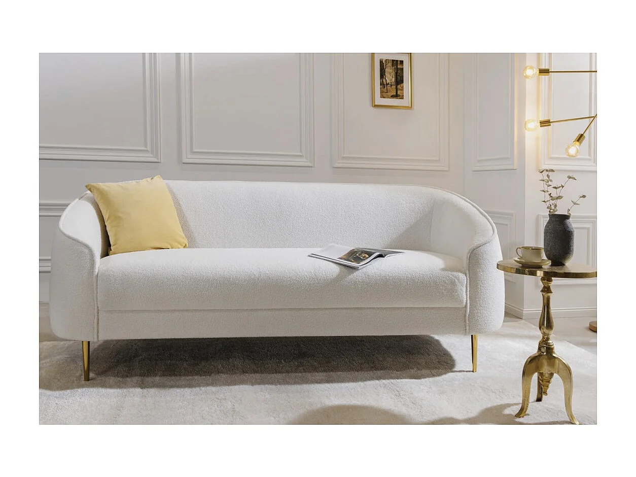 Gerades Sofa RINI weiß – Schickes Sofa in Bouclé-Stoff mit Metallfüßen