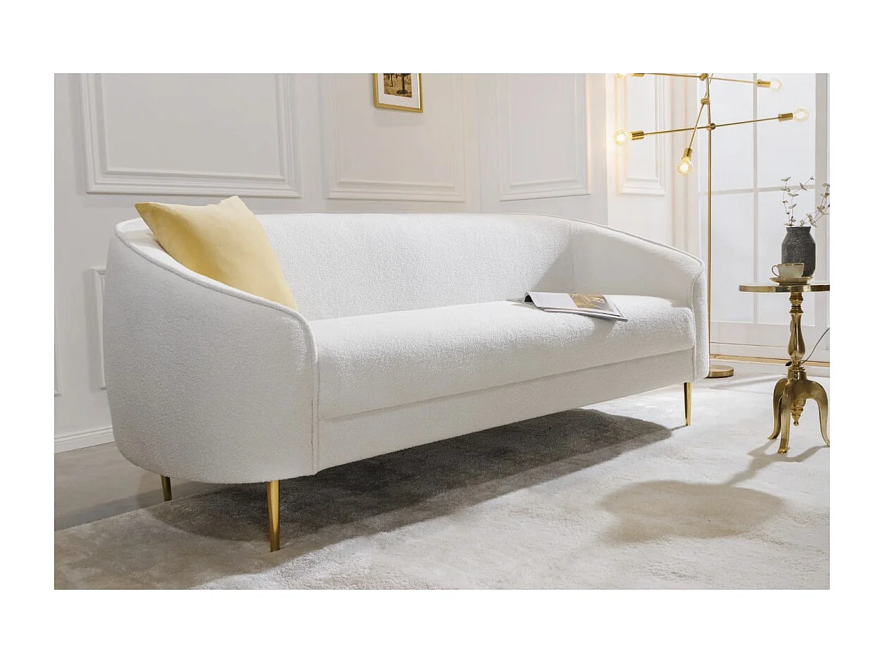 Gerades Sofa RINI weiß – Schickes Sofa in Bouclé-Stoff mit Metallfüßen